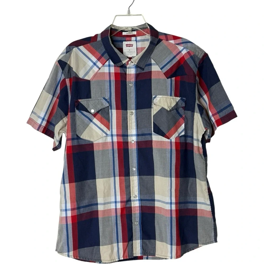 Levi's Plaid Short Sleeve Collared Button Up Shirt‎ Pearl Snaps Mens XL